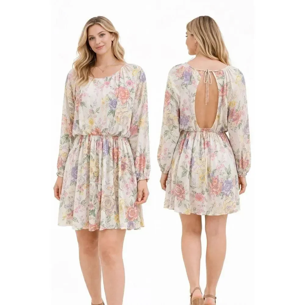 H&M Divided Floral Mini Dress Open Back Long Sleeve Cotton Boho Large